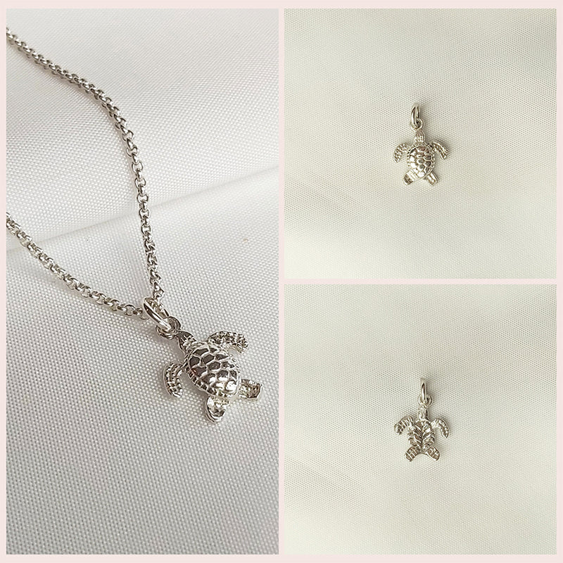 Zilveren schildpad bedel aan zilveren ketting.