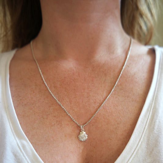 Zilveren sint jakobsschelp bedel aan zilveren ketting.