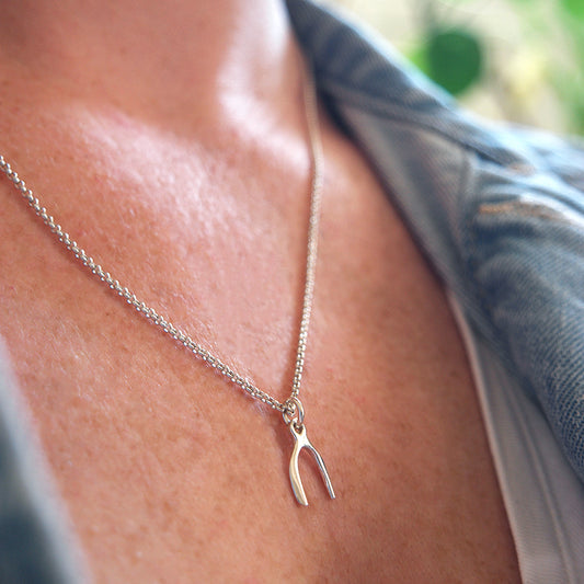 Zilveren wishbone bedel aan zilveren ketting.