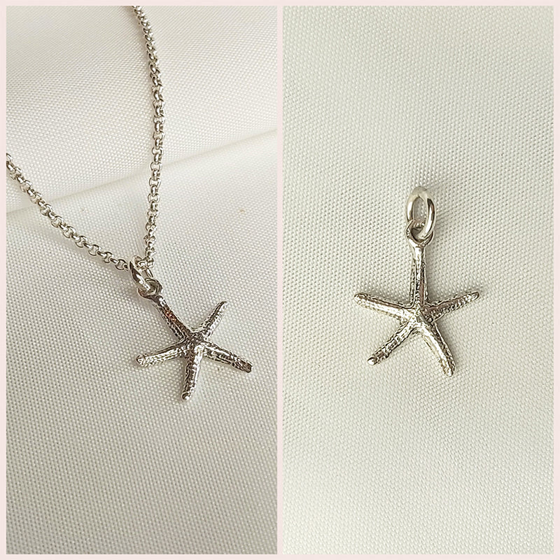 Losse zilveren zeester hanger voor aan een ketting. Handgemaakte zilveren zeester bedel.