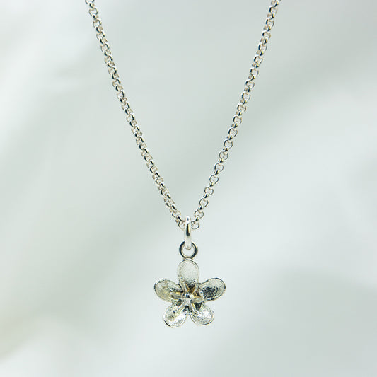 Zilveren ketting met bloemetjes hanger.