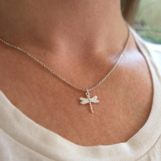 Zilveren libelle bedel aan zilveren ketting.