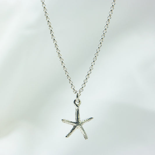 Zilveren zeester hanger aan een zilveren ketting. Handgemaakt zilveren zeester bedel