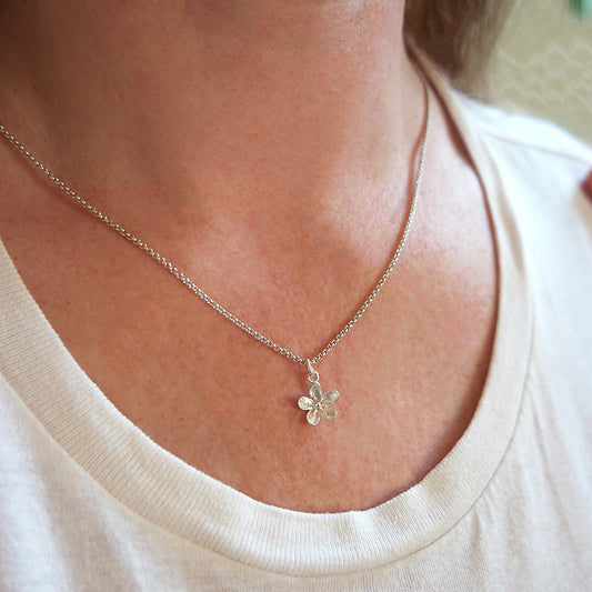 Zilveren ketting met bloemetjes hanger.