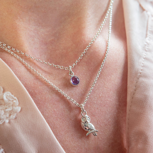 Zilveren uil bedel en Amethist hanger.