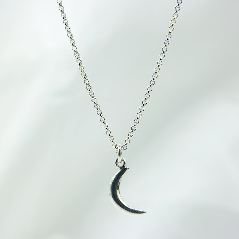 Zilveren maan hanger aan zilveren ketting.